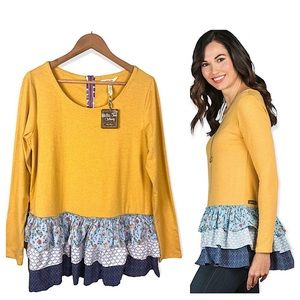 Matilda Jane Goldenrod & Blue Abstract Weekend Vibes Top Fluttery Ruffle